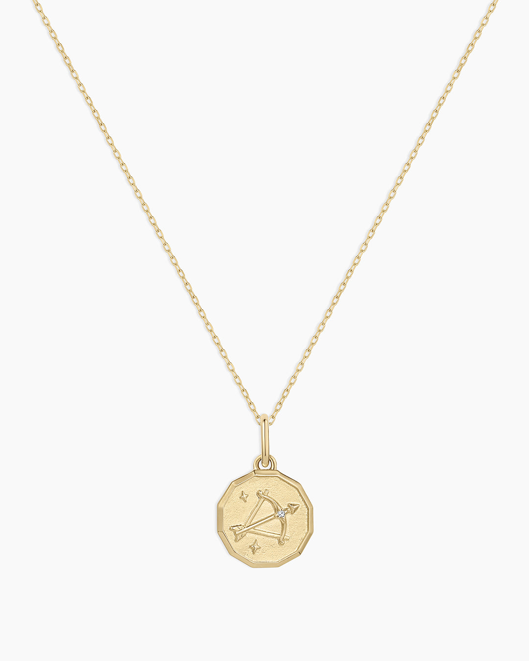 Diamond Zodiac Coin Charm Necklace || option::14k Solid Gold, Saggitarius