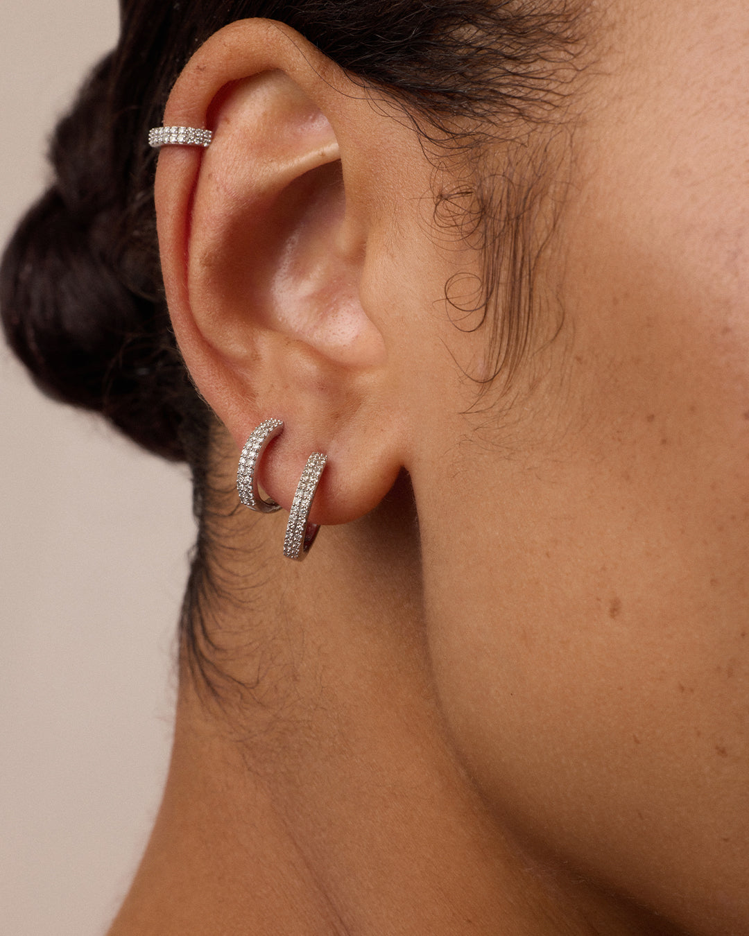 Diamond Double Down Huggies || option::14k Solid White Gold, 9mm