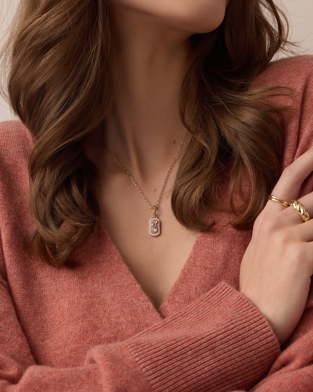 Power Gemstone Parker Charm Necklace Compassion || option::18k Gold Plated, Rhodochrosite - Compassion