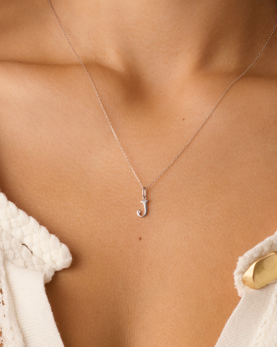 Diamond Vintage Alphabet Charm Necklace || option::14k Solid White Gold, J