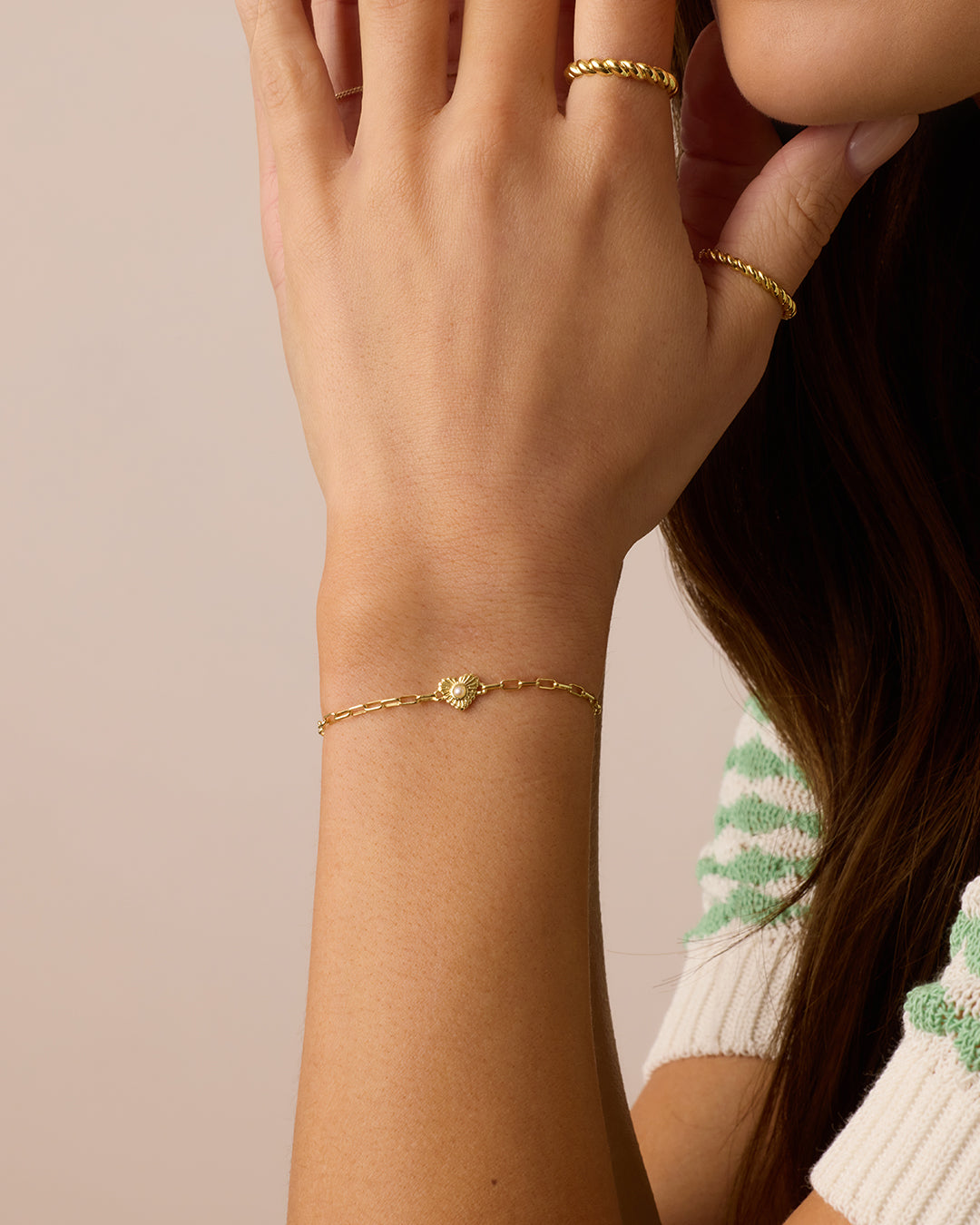 Birthstone Heart Bracelet || option::18k Gold Plated, Pearl - June