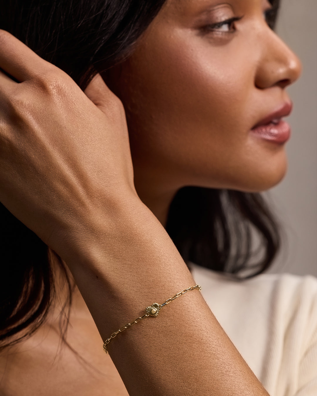 Birthstone Heart Bracelet || option::18k Gold Plated, Pearl - June