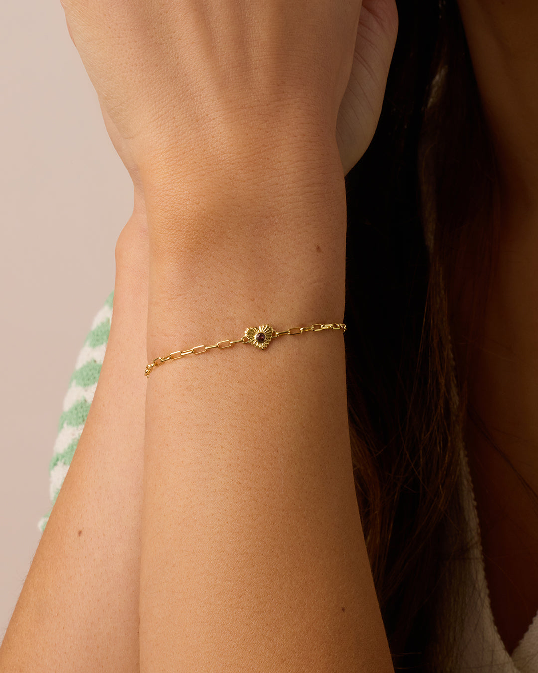 Birthstone Heart Bracelet || option::18k Gold Plated, Garnet - January