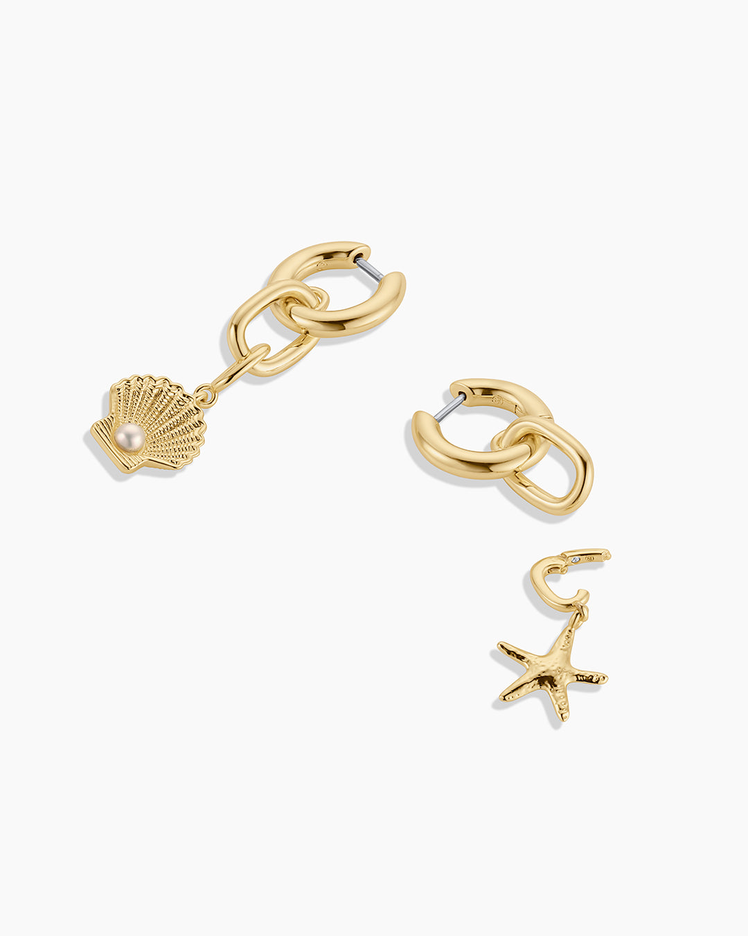 Shell Pearl & Starfish Charm Huggies || option::18k Gold Plated