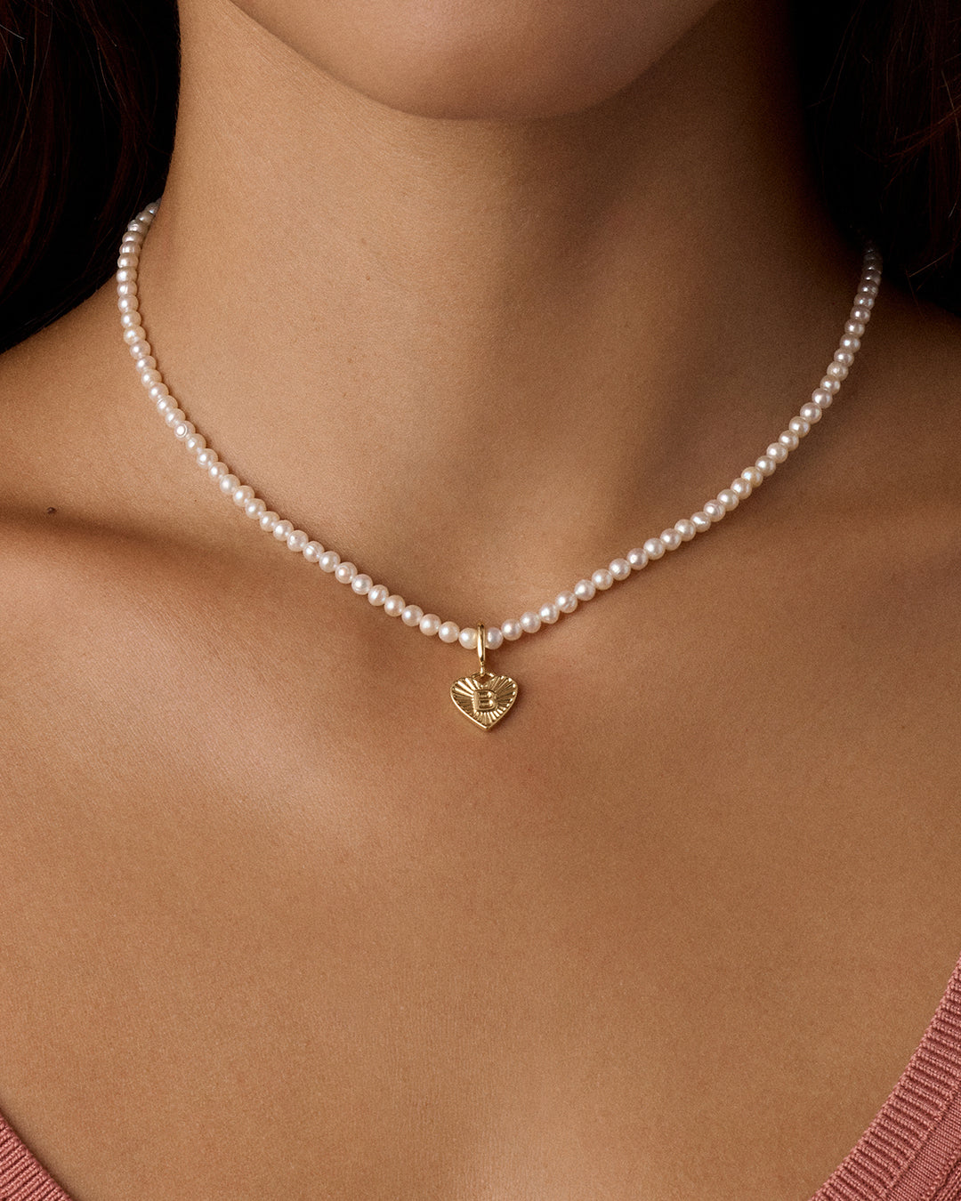 Vintage Heart Alphabet Charm Necklace - B || option::18k Gold Plated, B