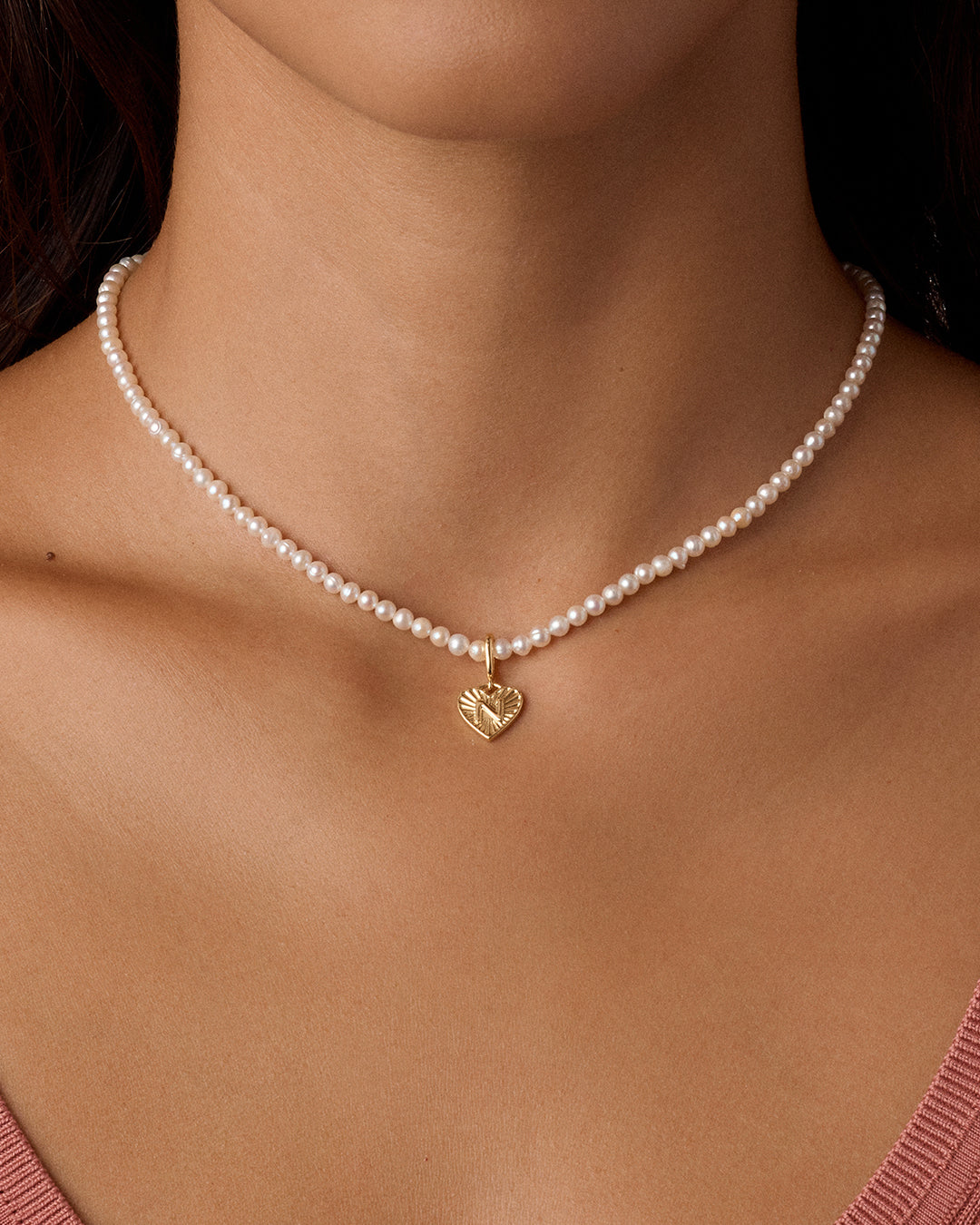 Vintage Heart Alphabet Charm Necklace - N || option::18k Gold Plated, N