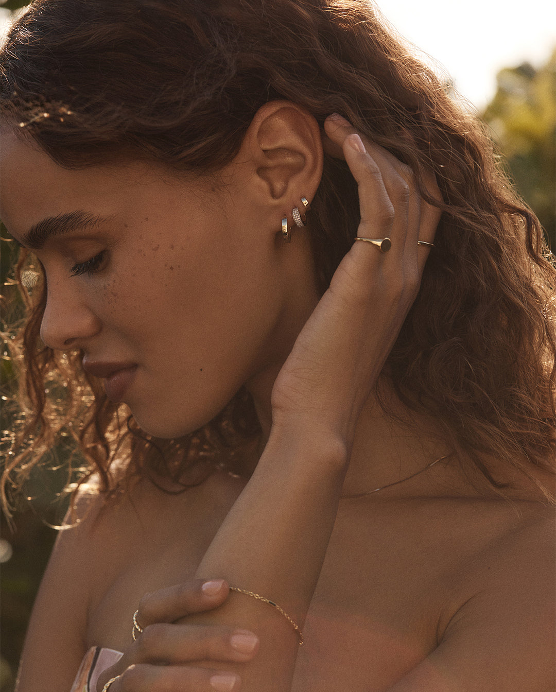 Woman wearing Rose Hoop || option::14k Solid Gold
