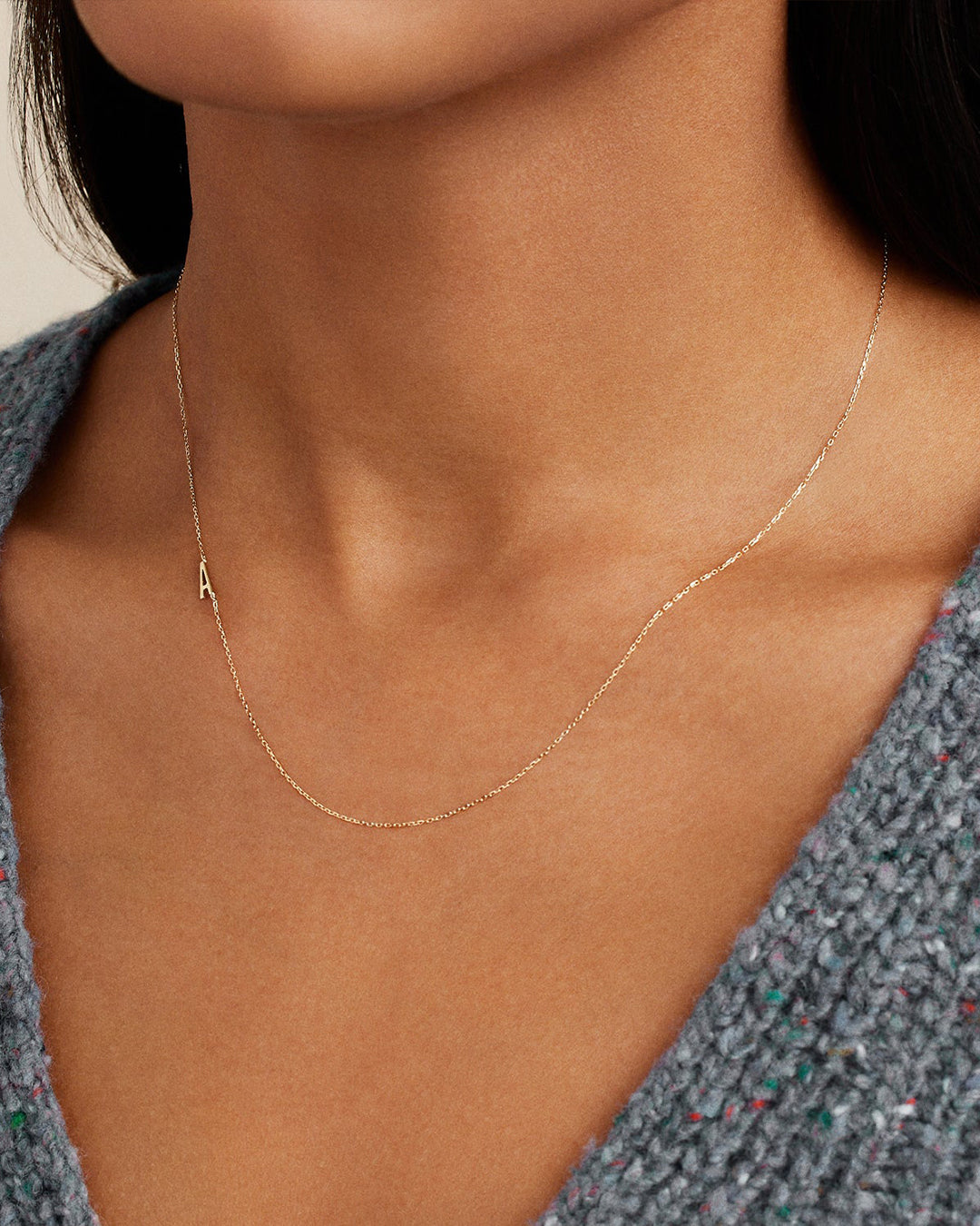 Woman wearing  Alphabet Necklace || option::14k Solid Gold, A