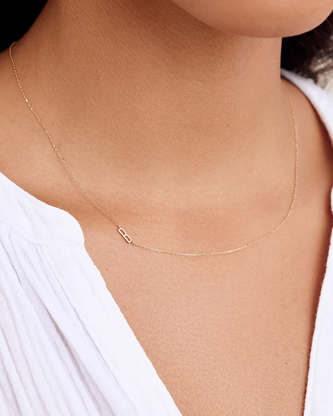 Woman wearing  Alphabet Necklace || option::14k Solid Gold, B