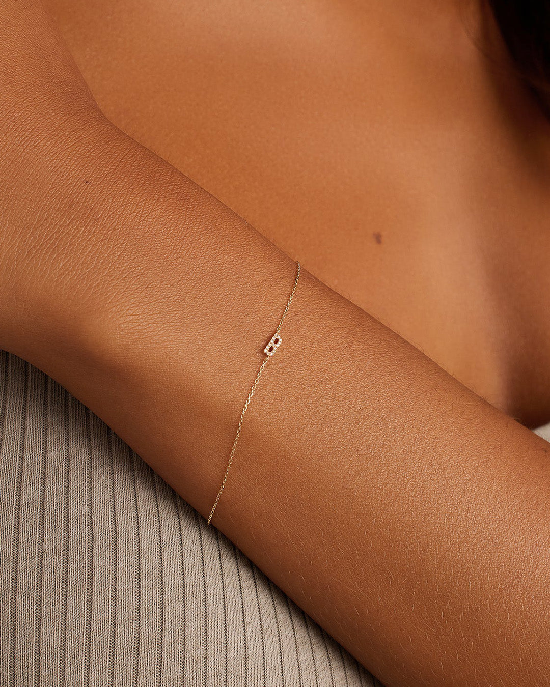 Diamond Pavé Alphabet Bracelet #B || option::14k Solid Gold, B