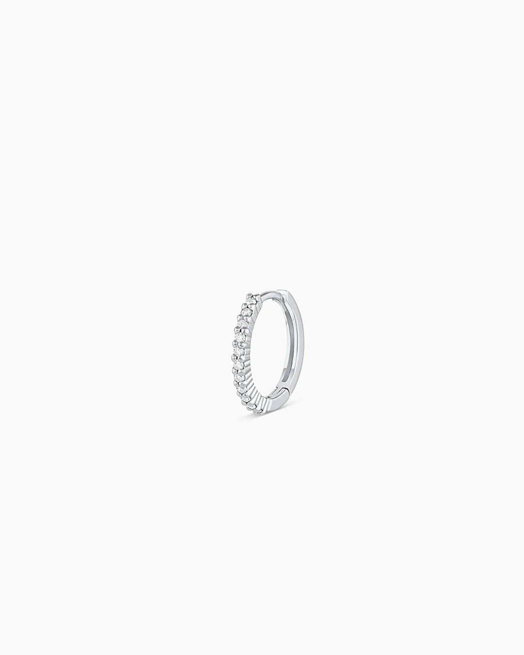 Woman wearing Classic Gold Huggie || option::14k Solid White Gold, 11mm, Single