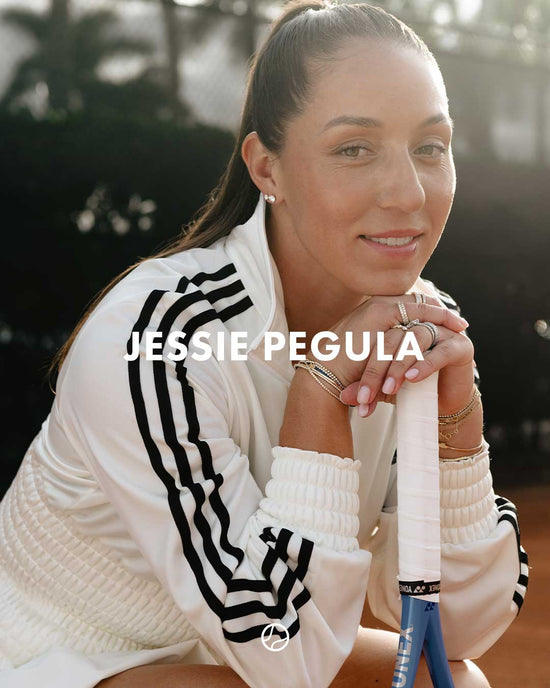 Woman holding a tennis racket on a tennis court with 'JESSIE PEGULA' text overlay.
