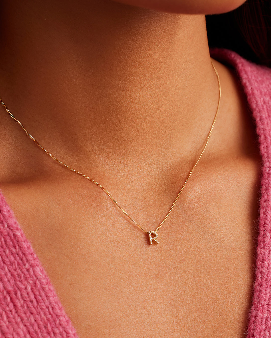 Diamond Alphabet Necklace || option::14k Solid Gold, R