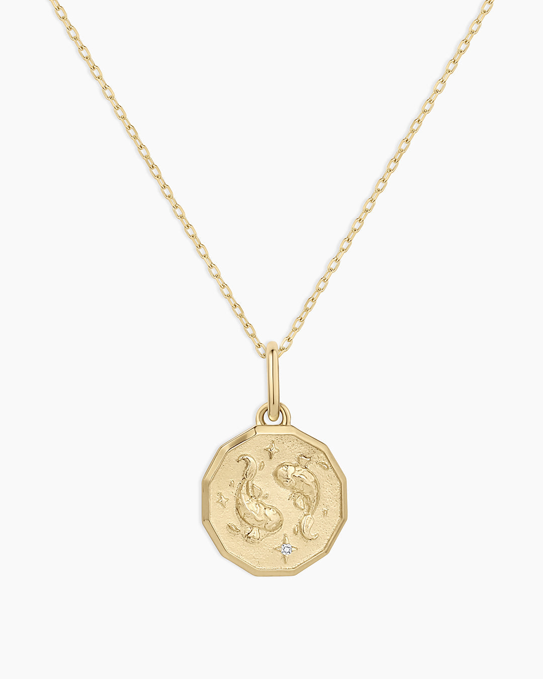 Diamond Zodiac Coin Charm Necklace || option::14k Solid Gold, Pisces