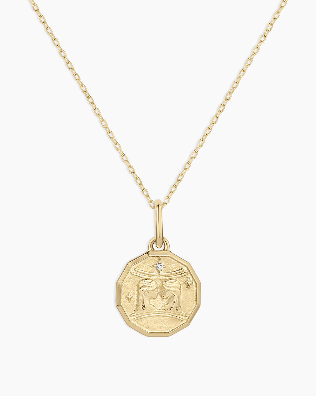 Diamond Zodiac Coin Charm Necklace || option::14k Solid Gold, Gemini