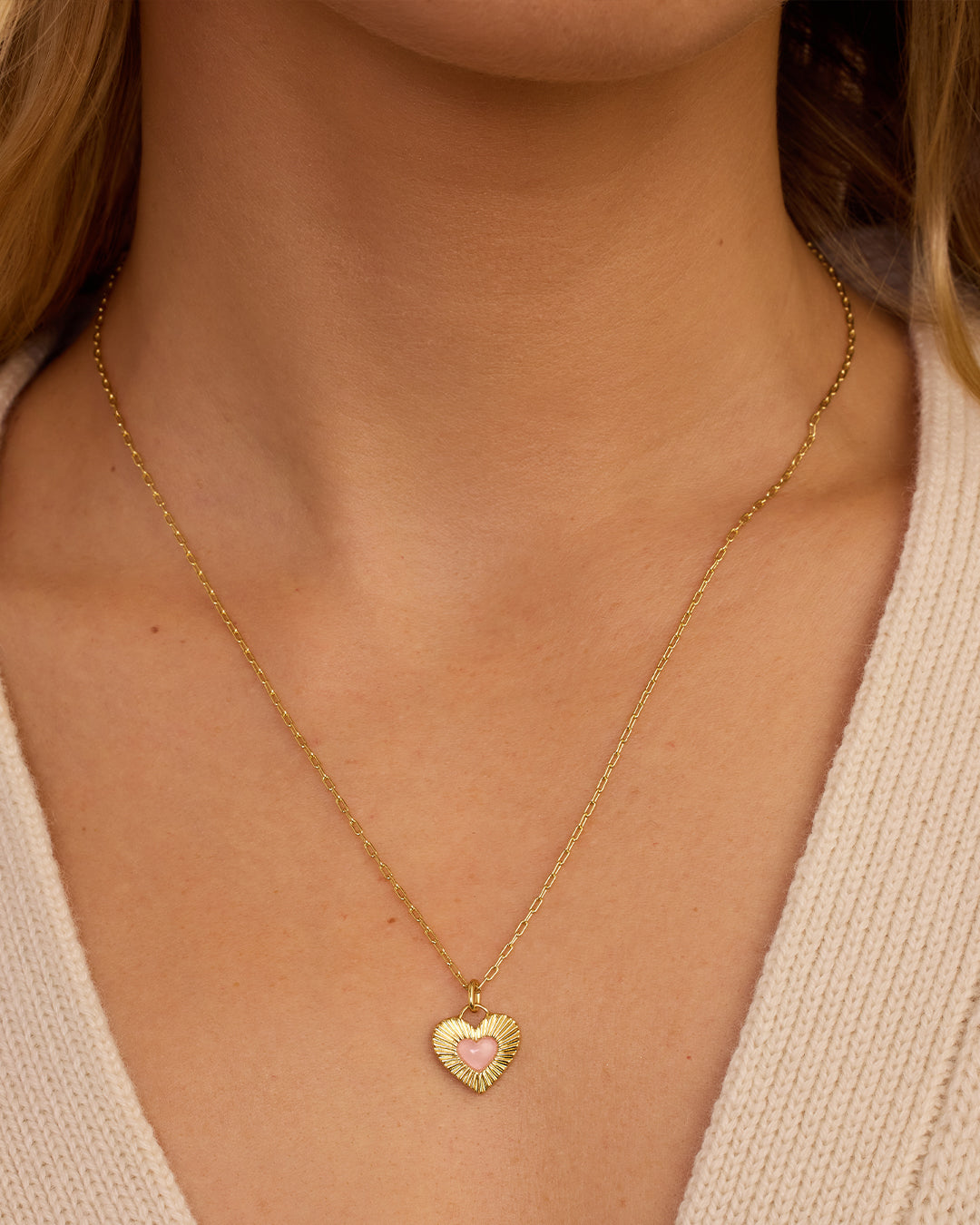 Rose Quartz Heart Necklace || option::18k Gold Plated, Rose Quartz