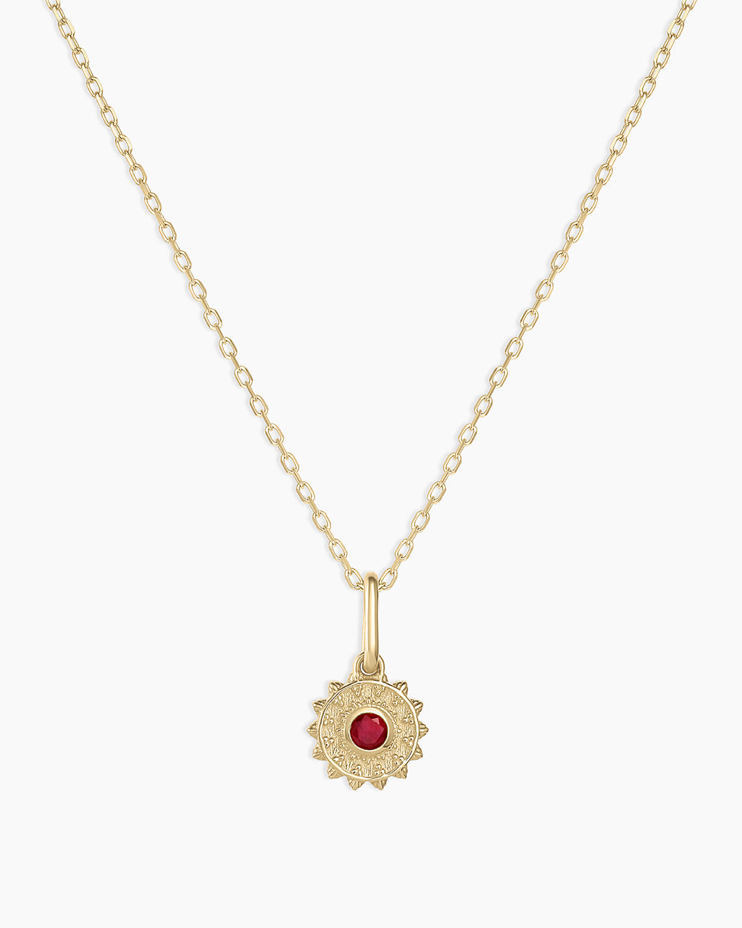 Sun Birthstone Charm Necklace || option::14k Solid Gold, Ruby - July