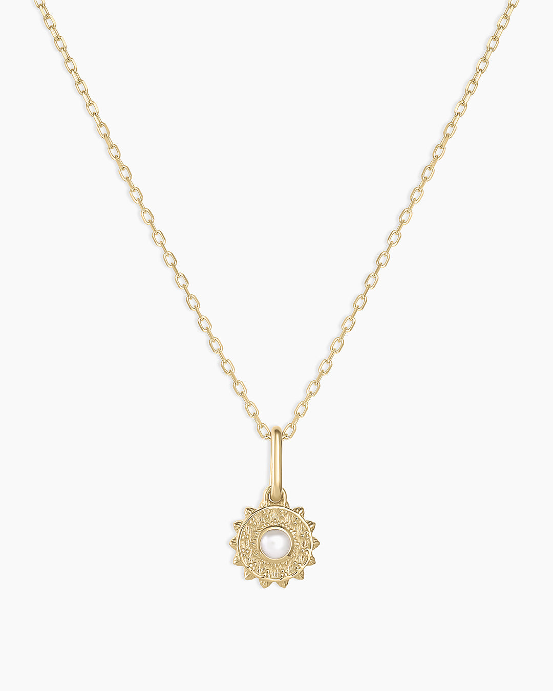 Sun Birthstone Charm Necklace || option::14k Solid Gold, Pearl - June