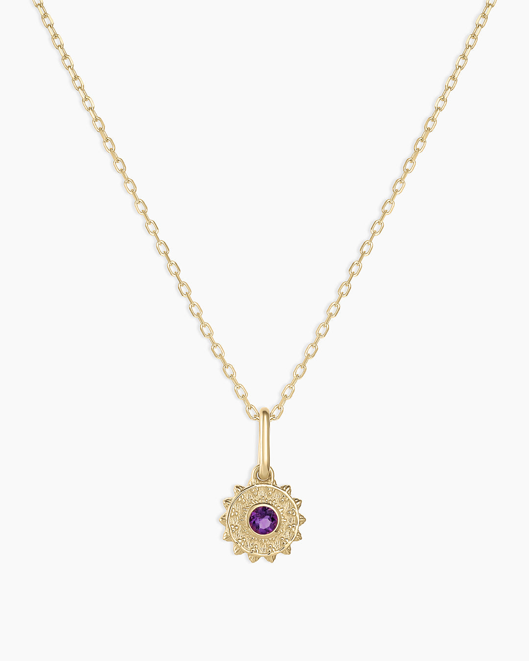 Sun Birthstone Charm Necklace || option::14k Solid Gold, Amethyst - February