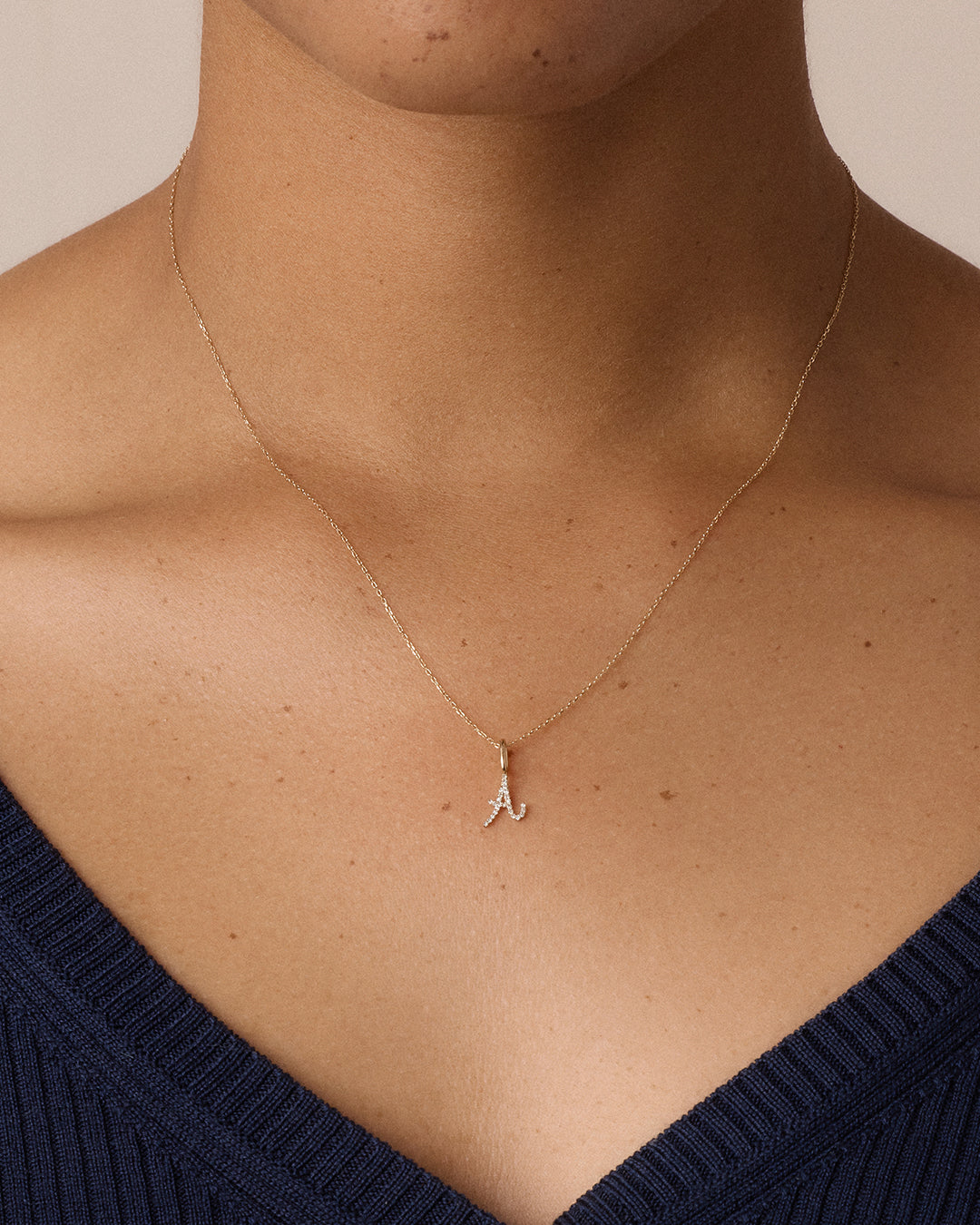 Diamond Script Alphabet Charm || option::14k Solid Gold, A