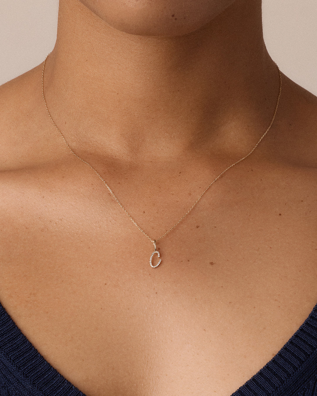 Diamond Script Alphabet Charm || option::14k Solid Gold, C
