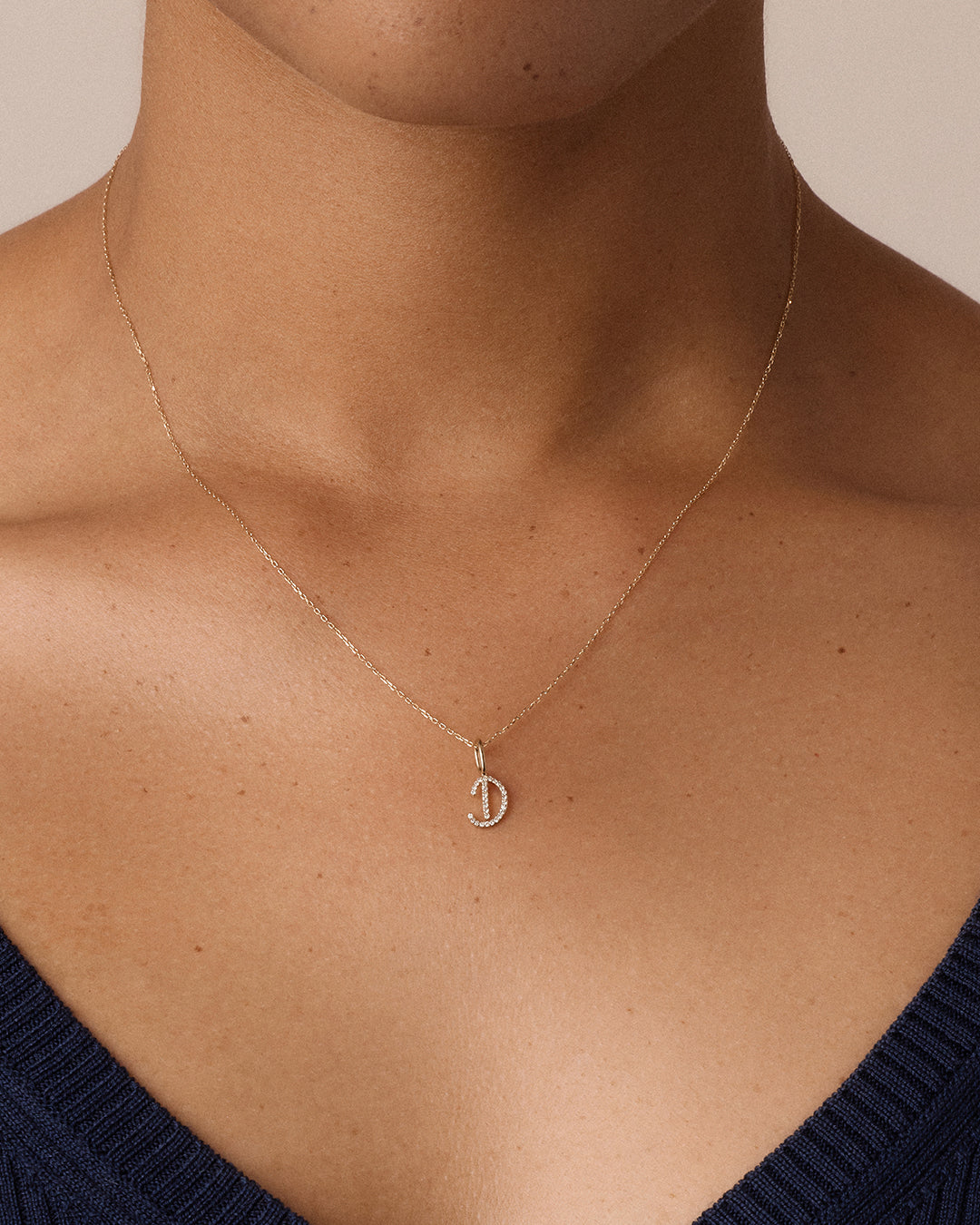 Diamond Script Alphabet Charm || option::14k Solid Gold, D