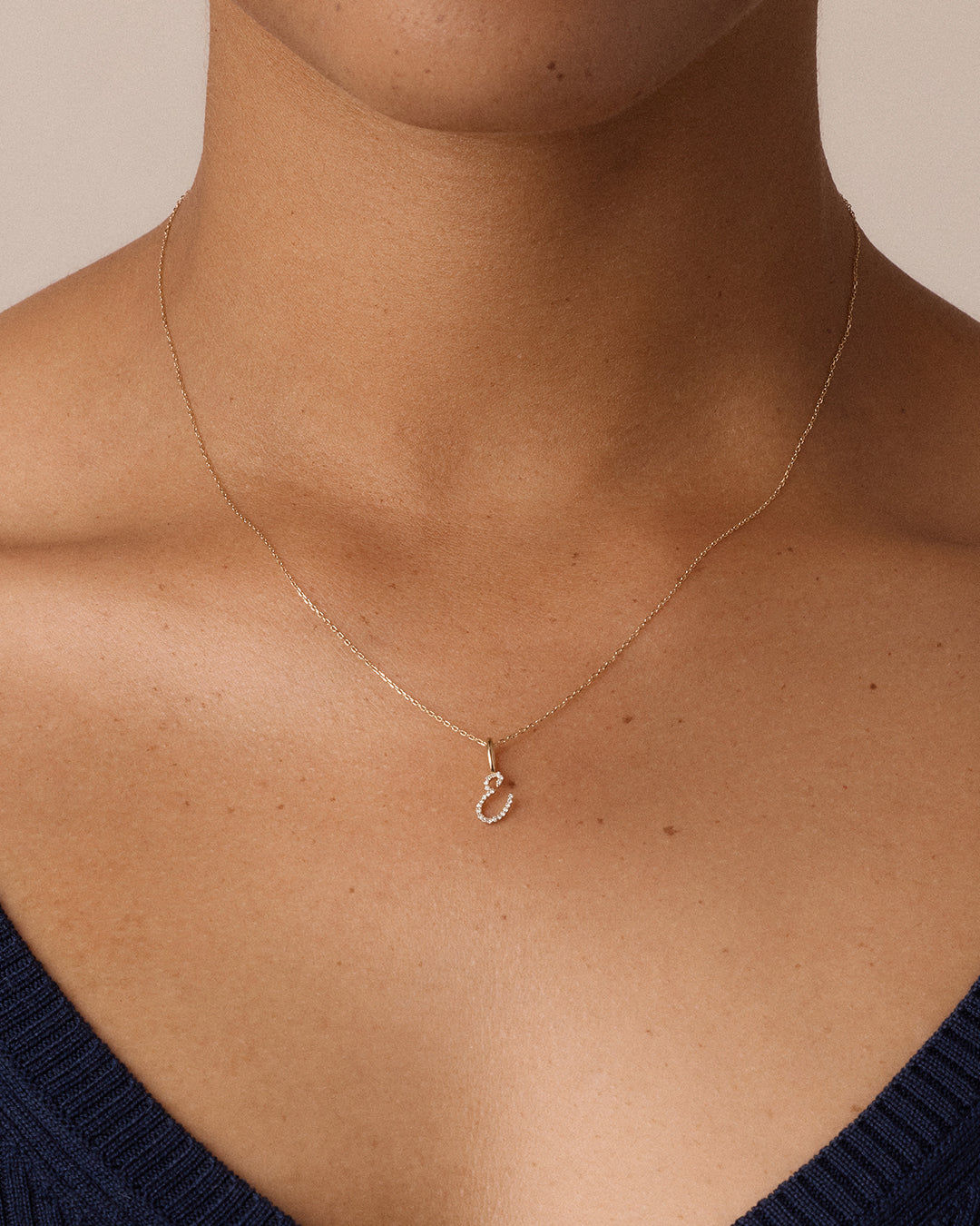 Diamond Script Alphabet Charm || option::14k Solid Gold, E