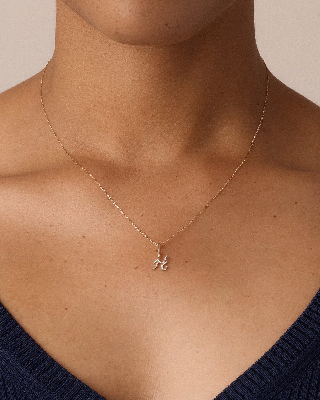Diamond Script Alphabet Charm || option::14k Solid Gold, H