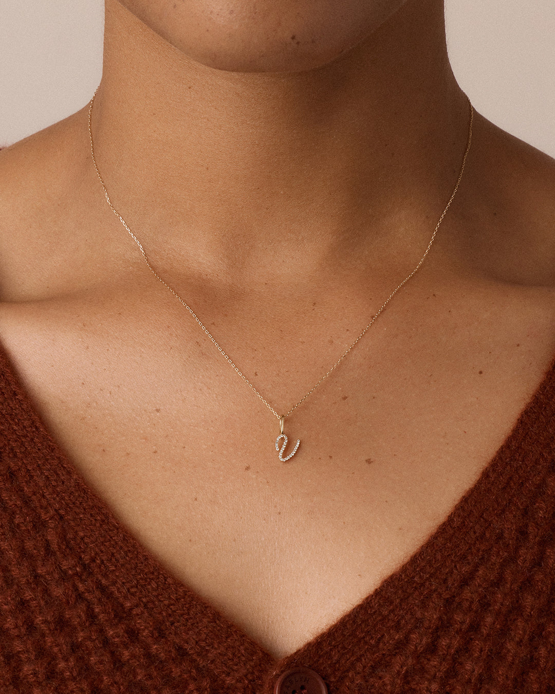 Diamond Script Alphabet Charm Necklace || option::14k Solid Gold, V