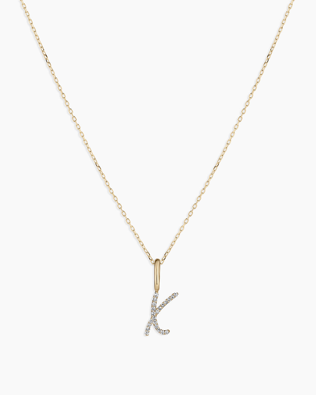 Diamond Script Alphabet Charm Necklace || option::14k Solid Gold, X