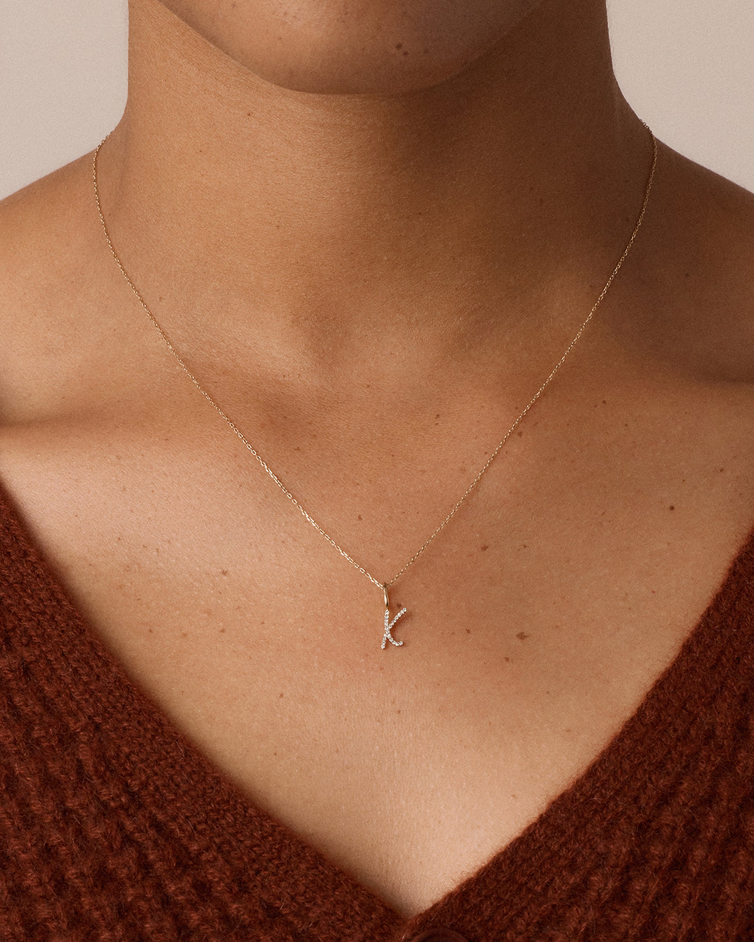 Diamond Script Alphabet Charm Necklace || option::14k Solid Gold, X