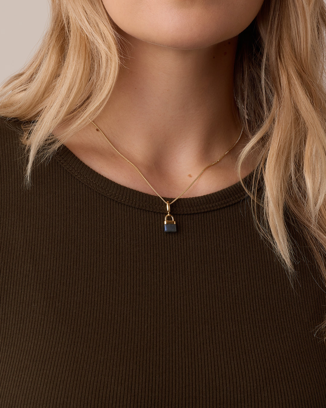 Padlock Parker Charm Necklace || option::18k Gold Plated, Labradorite