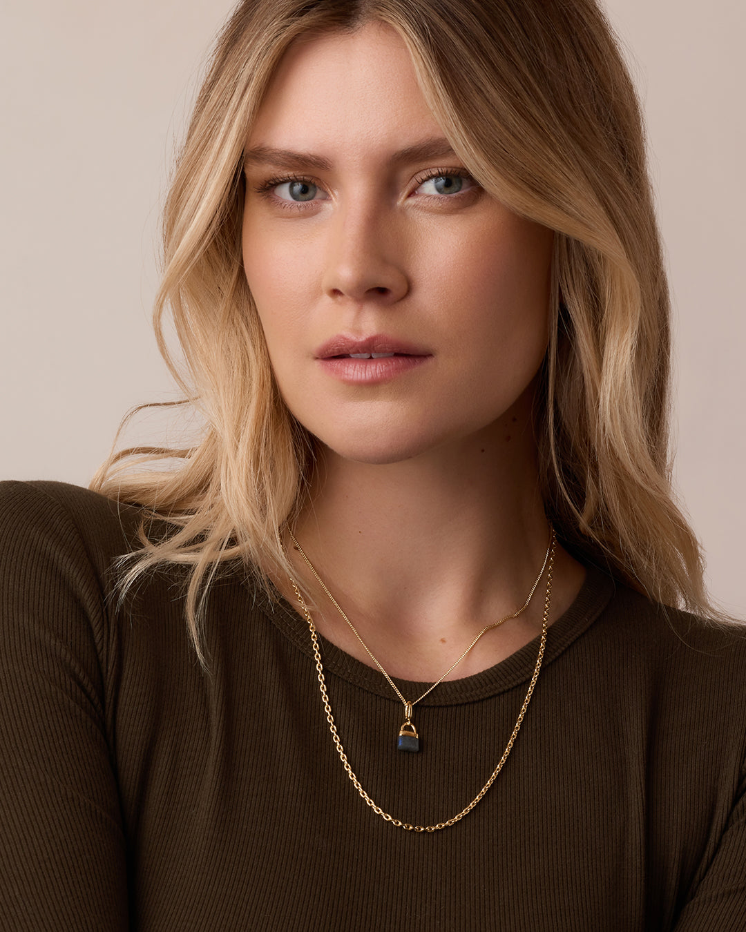 Padlock Parker Charm Necklace || option::18k Gold Plated, Labradorite