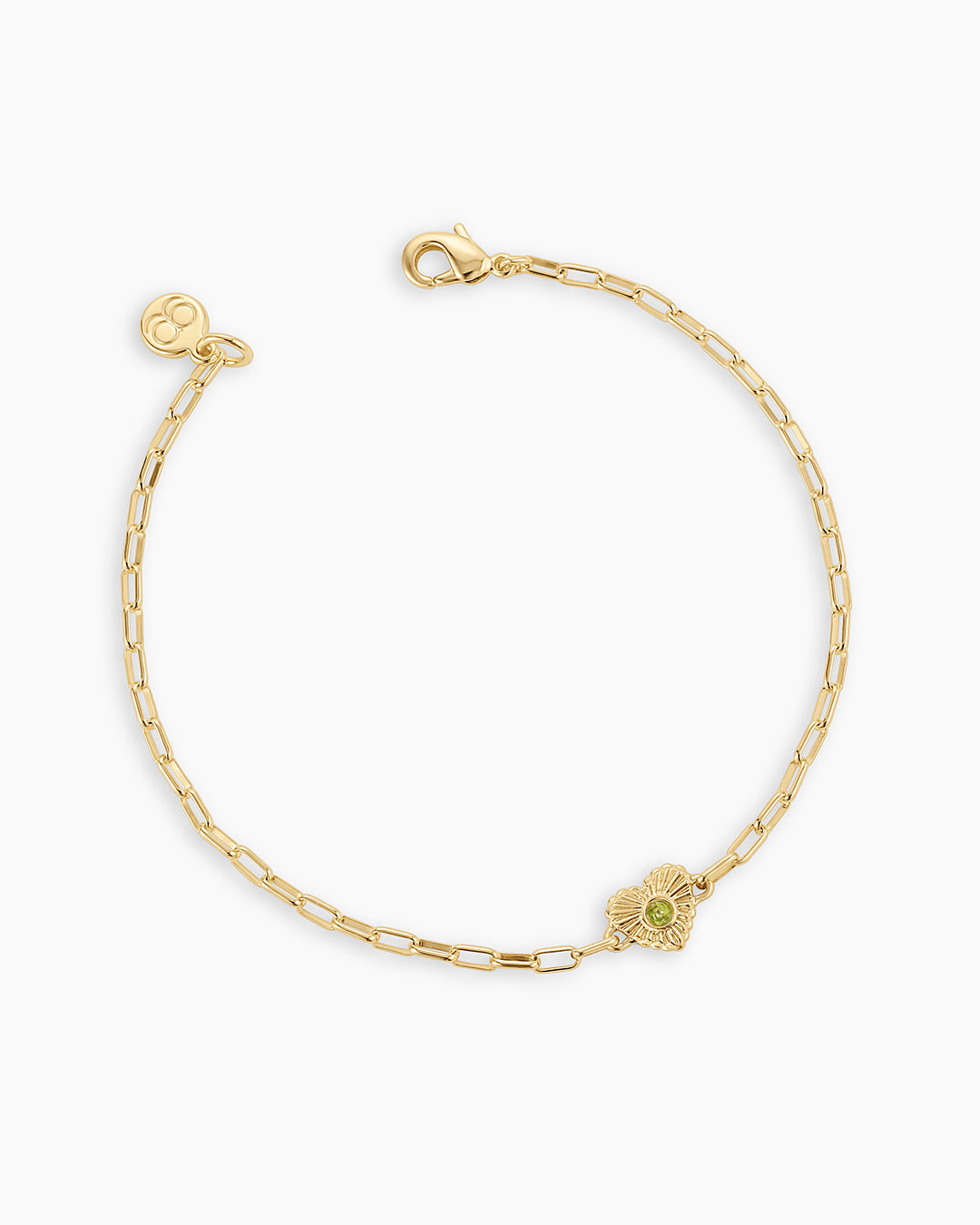 Birthstone Heart Bracelet || option::18k Gold Plated, Peridot - August