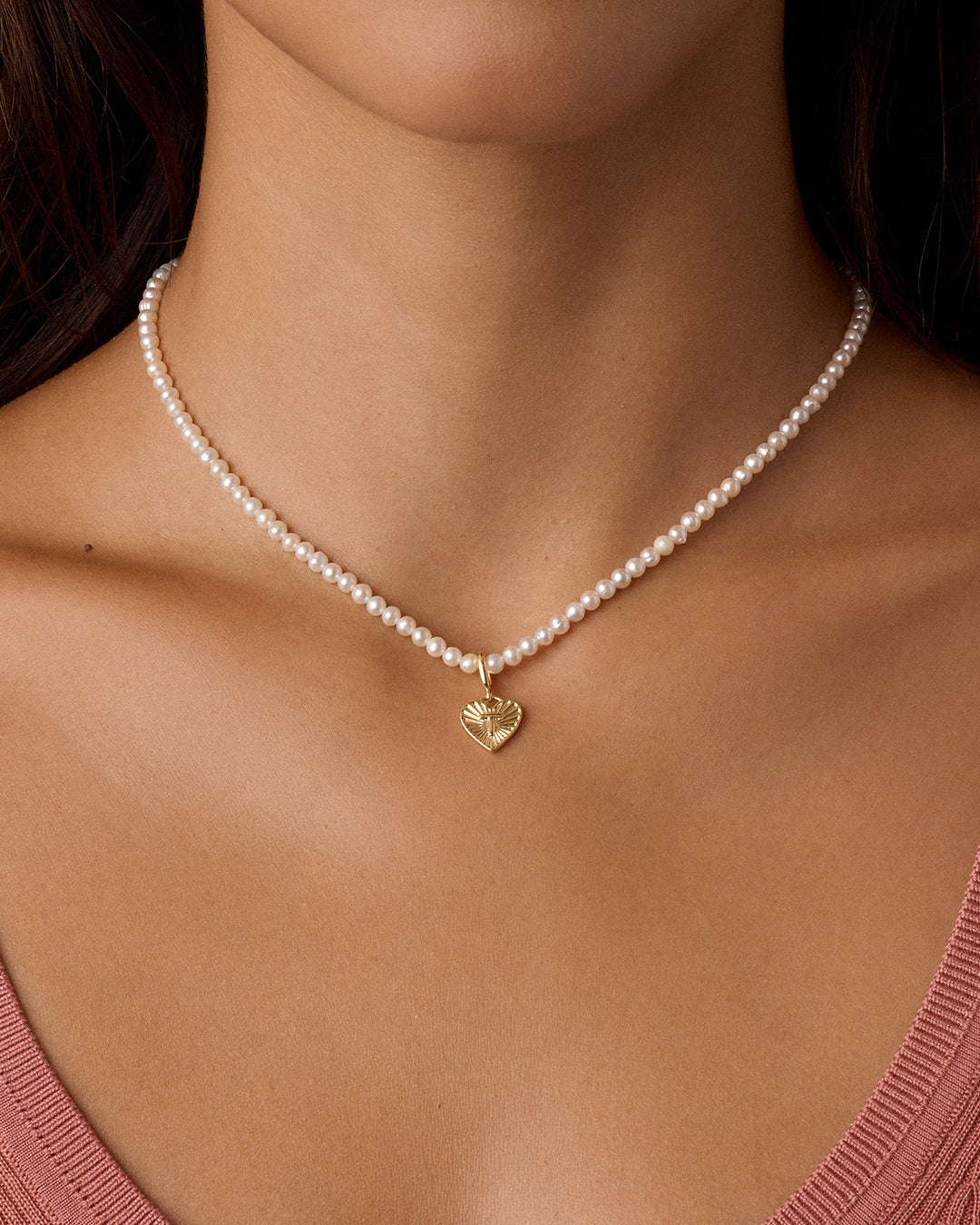 Vintage Heart Alphabet Charm Necklace - T || option::18k Gold Plated, T