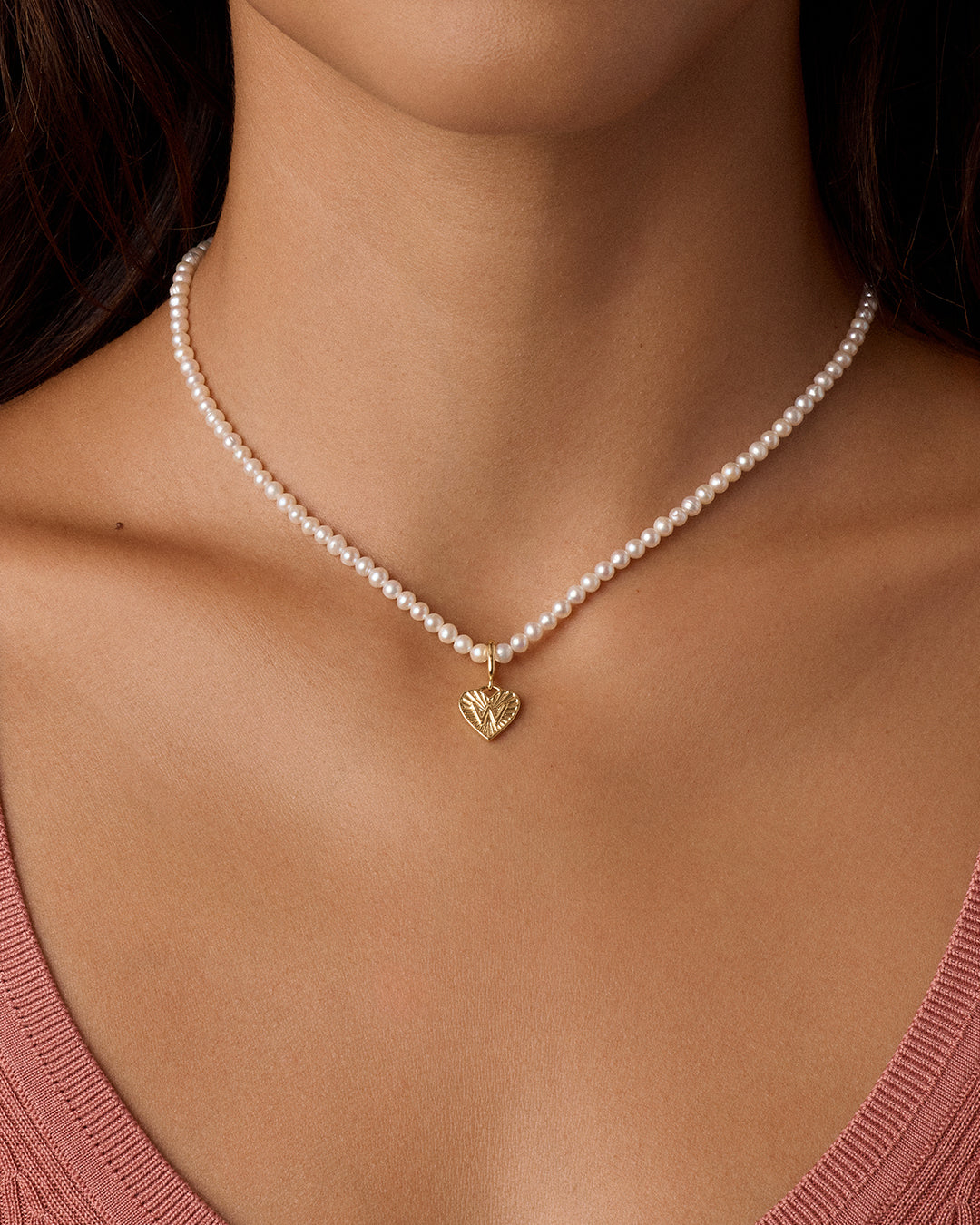 Vintage Heart Alphabet Charm Necklace - W || option::18k Gold Plated, W