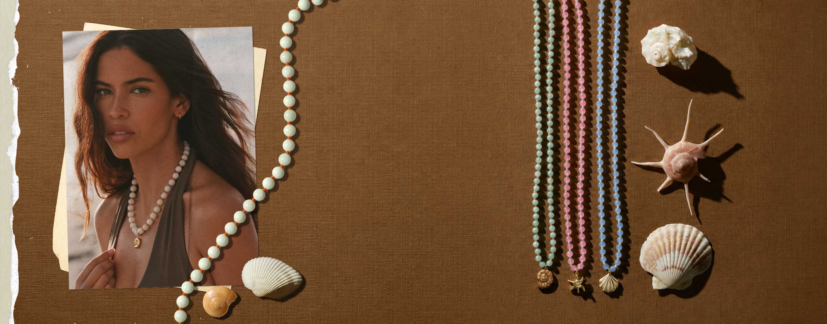 Model wearing beaded Necklaces with shells 