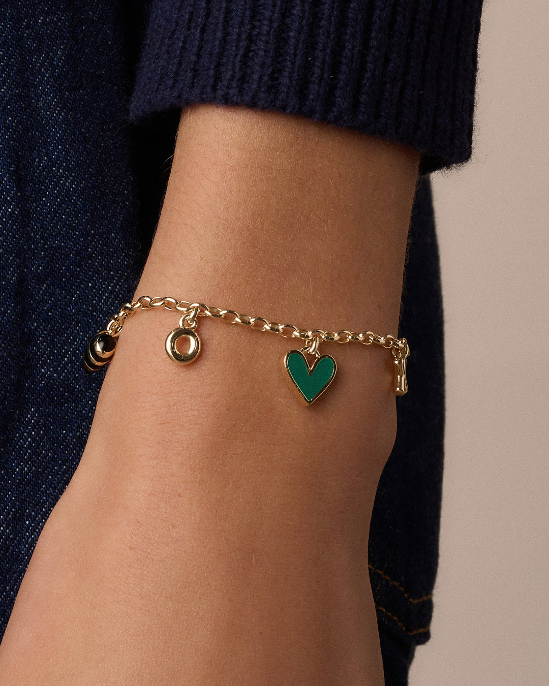 Campbell Heart Charm Bracelet || option::18k Gold Plated, Green