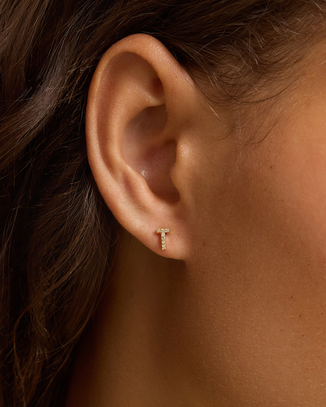 Wilder Shimmer Alphabet Single Stud || option::18K Gold Plated, T