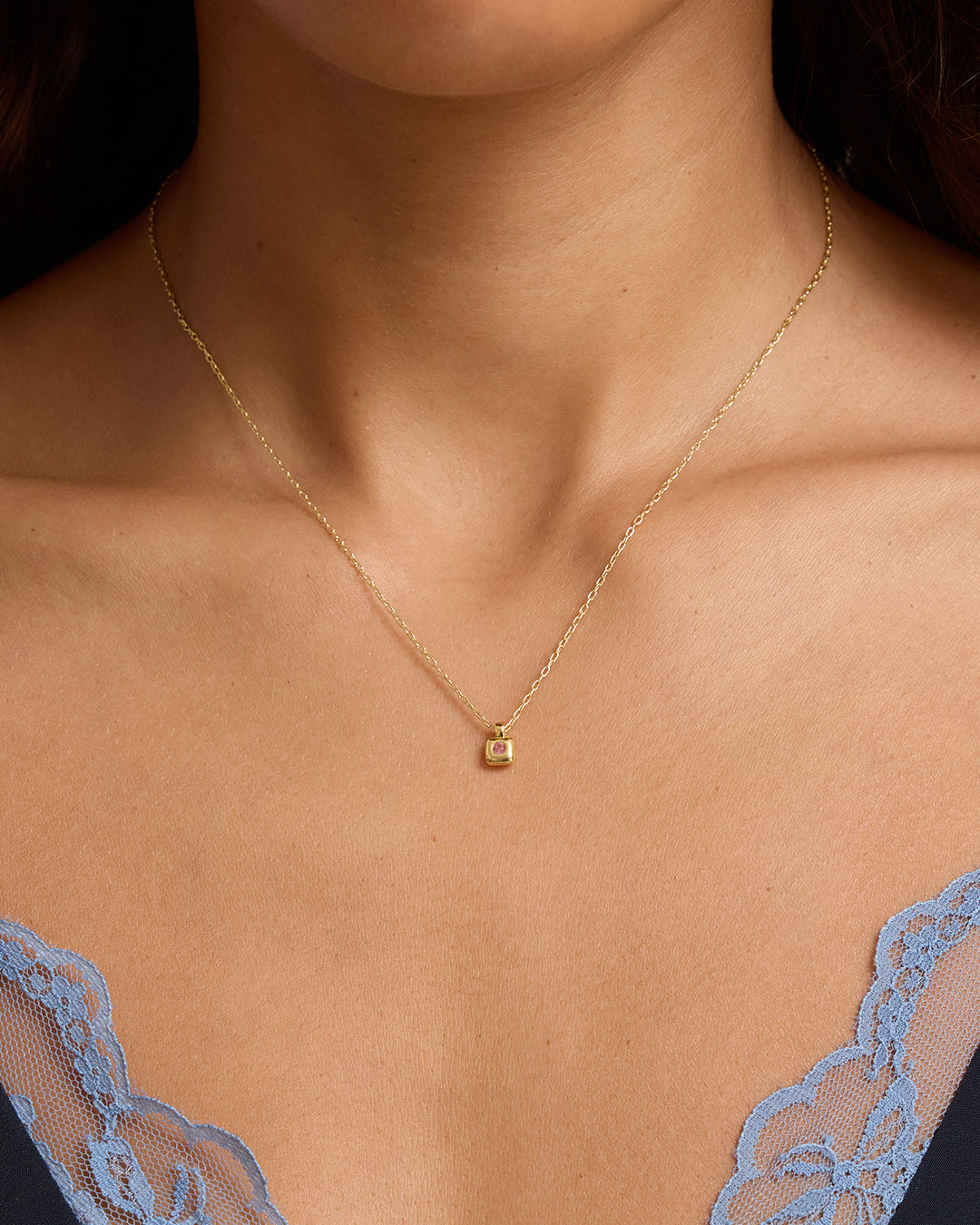 Petite Puff Birthstone Necklace || option::18K Gold Plated, Pink Tourmaline - October