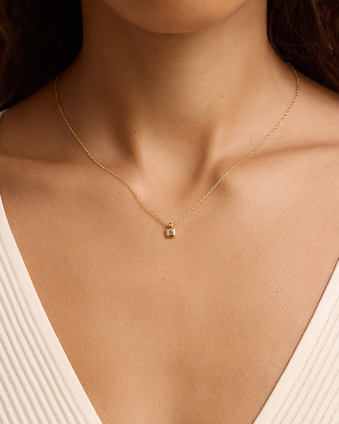 Petite Puff Birthstone Necklace || option::18K Gold Plated, Amethyst - February