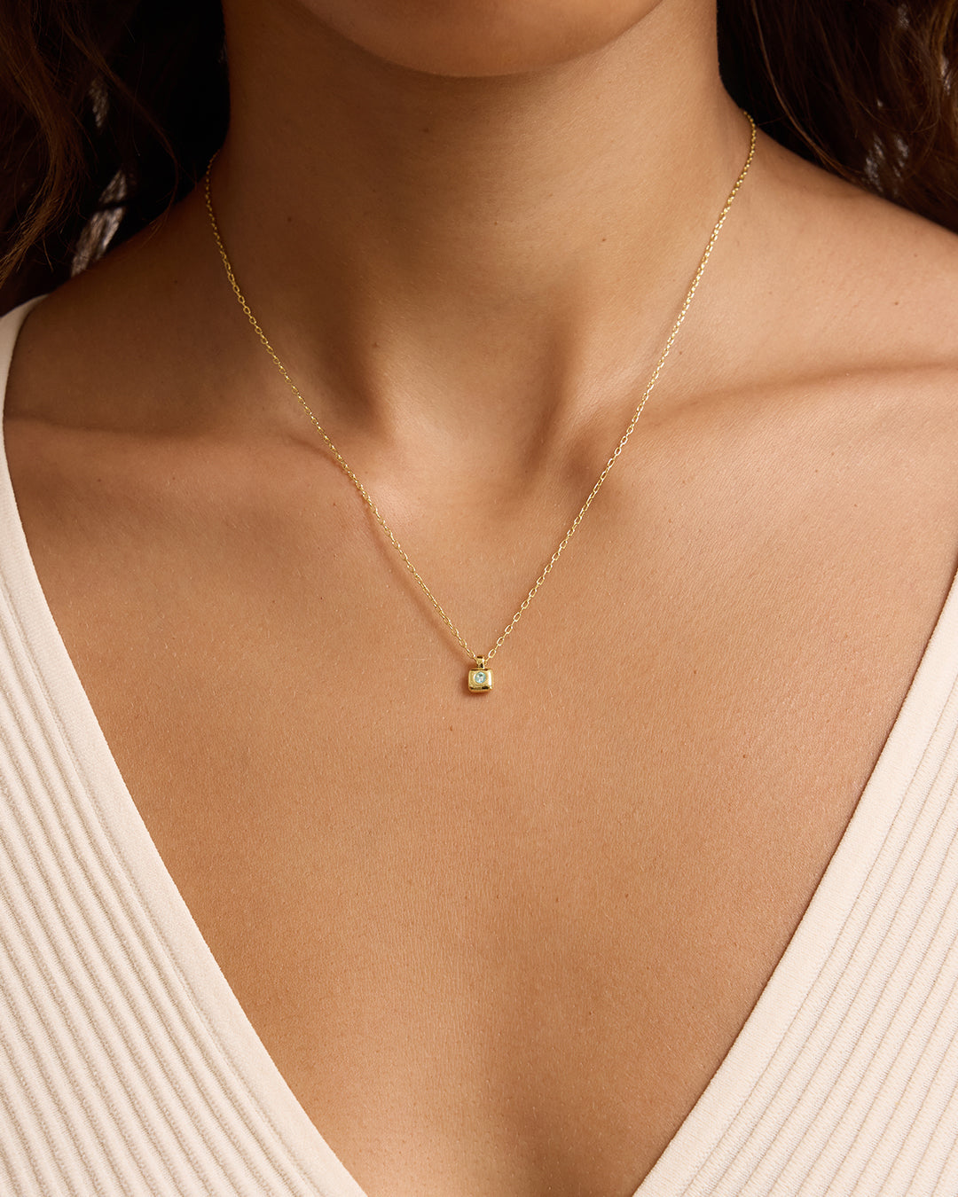Petite Puff Birthstone Necklace || option::18K Gold Plated, Aquamarine - March
