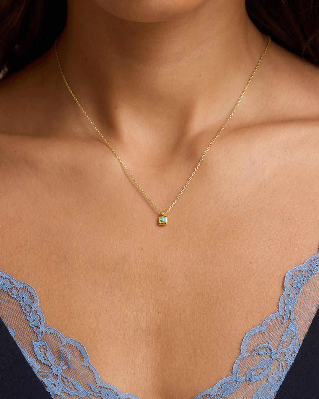 Petite Puff Birthstone Necklace || option::18K Gold Plated, Turquoise - December