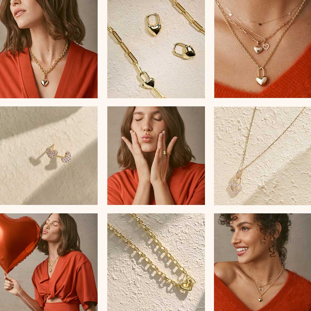 image collage of jan lookbook - woman wearing gold plated and solid gold jewelry 