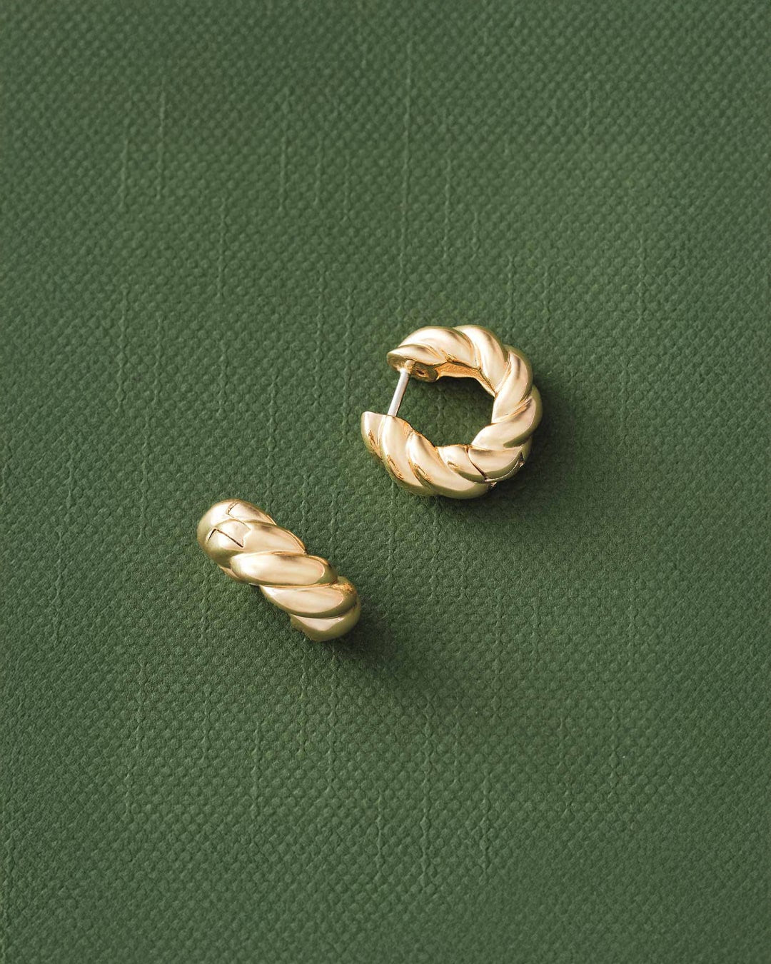 Gold hoop earrings on a green textured background