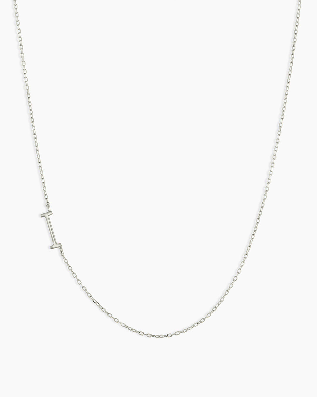 Woman wearing Alphabet Necklace || option::14k Solid White Gold, I
