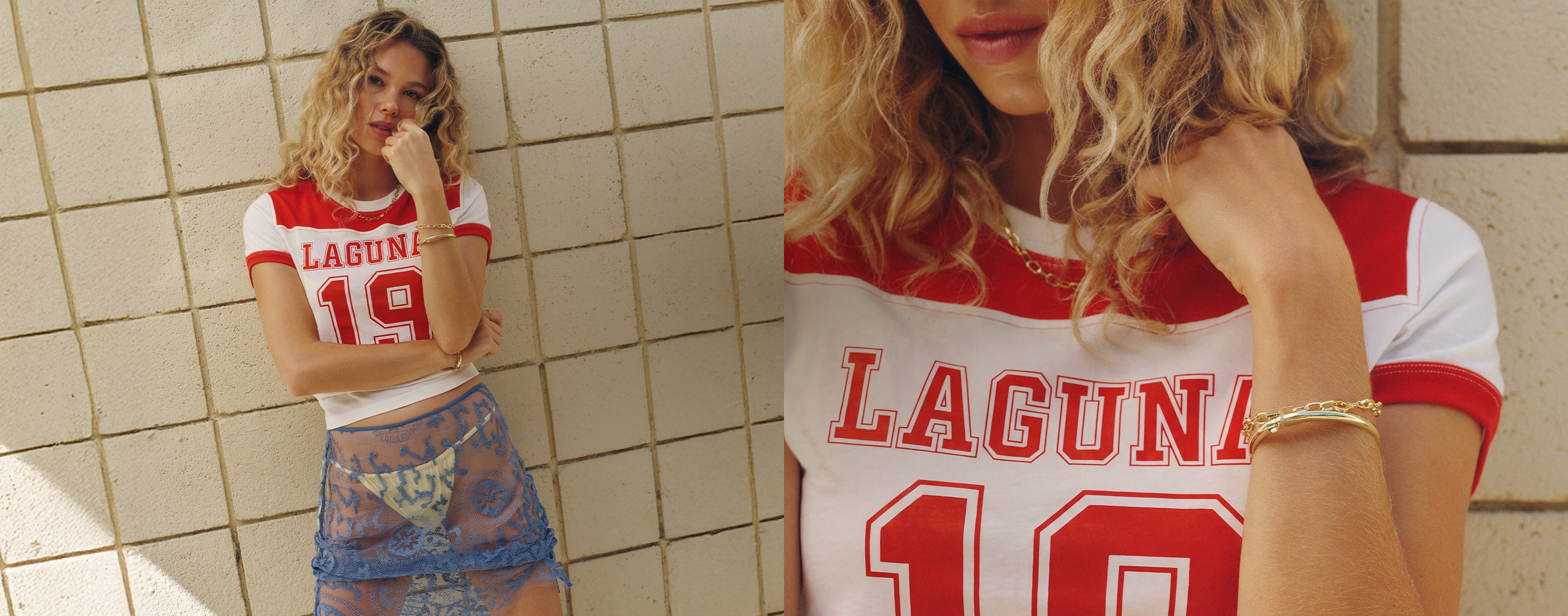 A collage of a woman in a Laguna shirt wearing gold plated jewelry