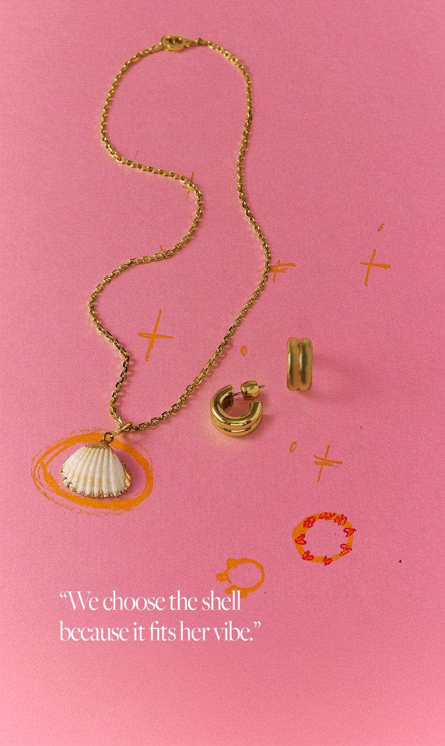Gold necklace with shell pendant and matching earrings on a pink background with text. 'We choose the shell because it fits her vibe.'