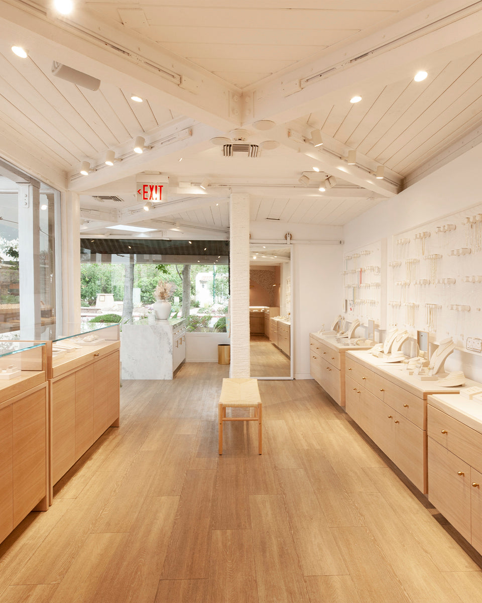 Interior of Malibu Store with white jewelry walls