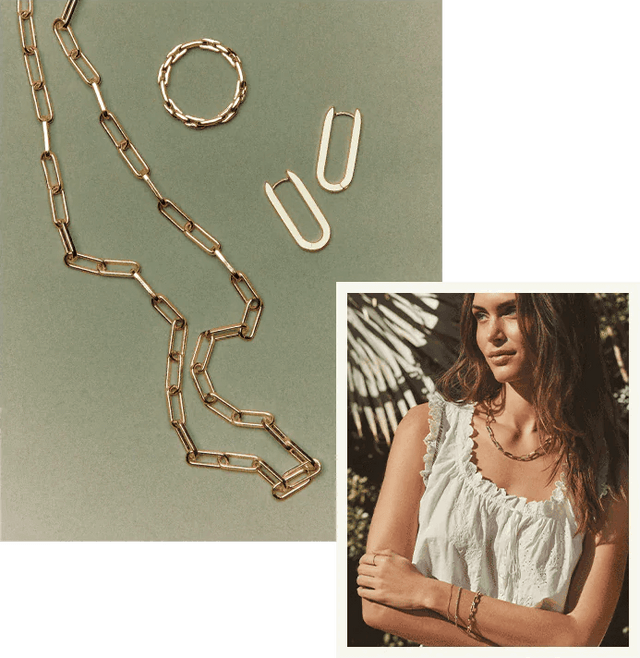 gold chain link necklace and model wearing necklace